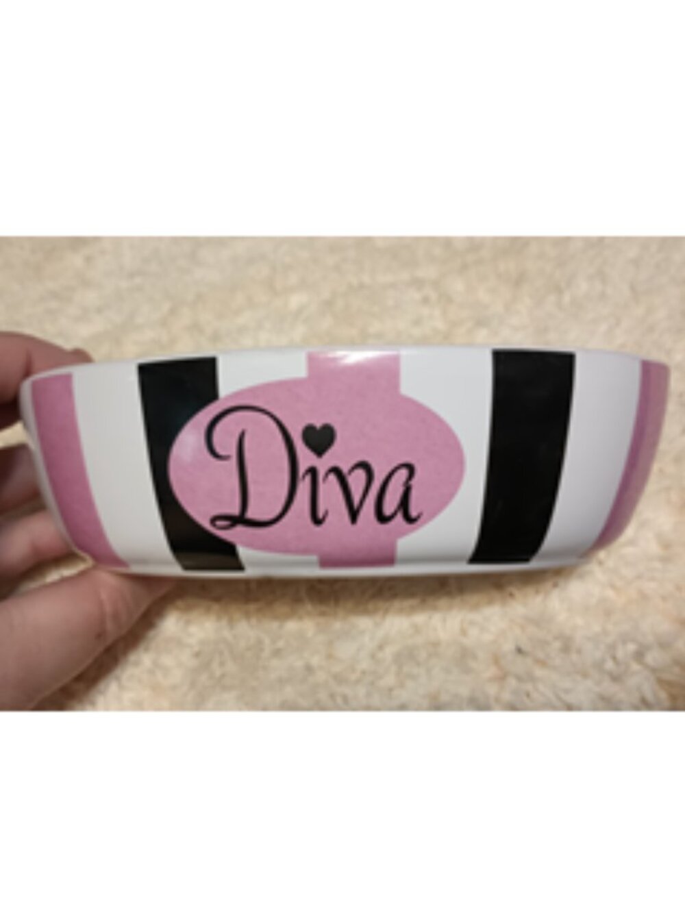 VGUC~PETRAGEOUS DESIGNS' Striped Diva 6.5" Oval 2 Cup Stoneware Ceramic Cat Bowl